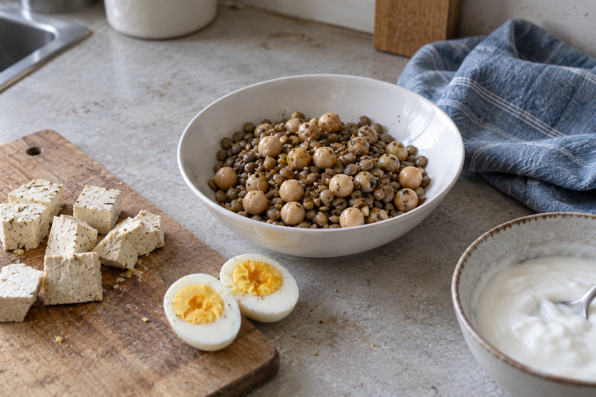 Linsen und Kichererbsen in einer Schale, Tofu und ein gekochtes Ei auf einem Holzbrett sowie Naturjoghurt in einer Küche