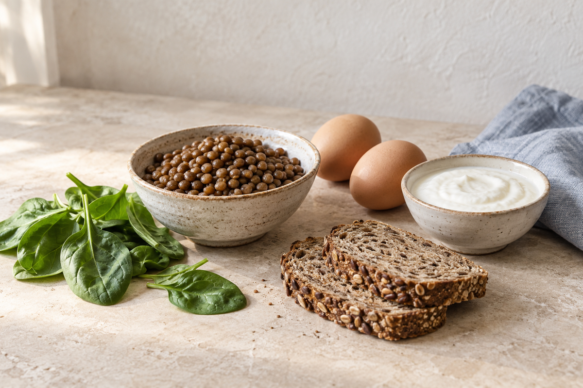Linsen, frischer Spinat, Eier, Vollkornbrot und Naturjoghurt auf einem hellen Tisch.