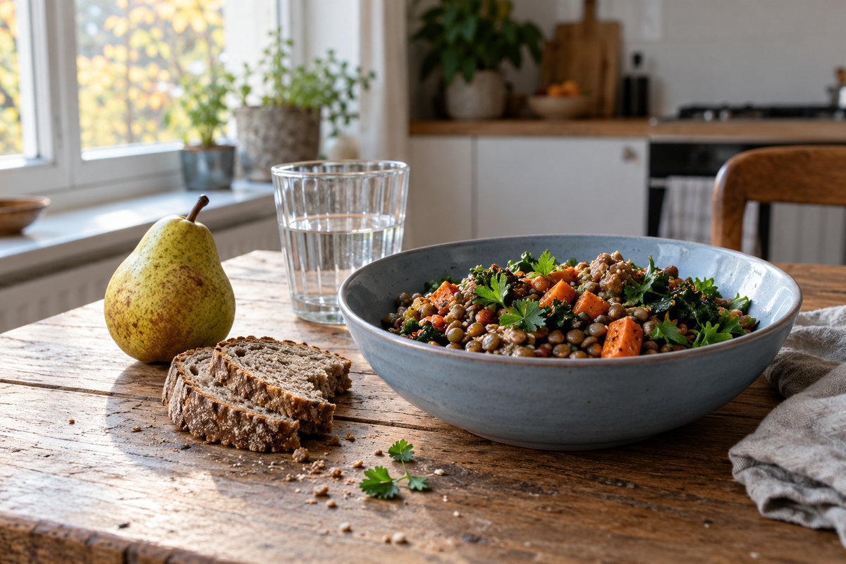 Linsensalat mit Karotten und Kräutern in einer hellblauen Schale neben Vollkornbrot, einer Birne und einem Wasserglas auf einem Küchentisch bei Tageslicht
