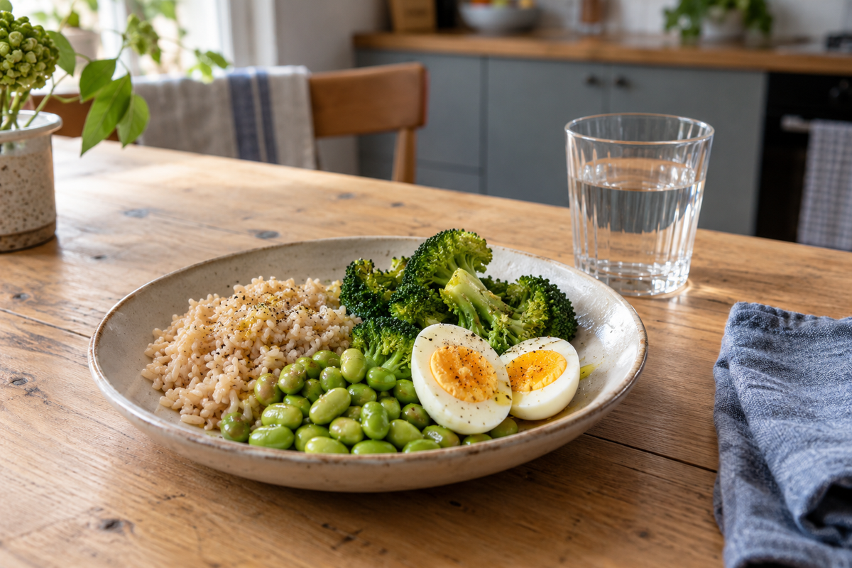 Teller mit Naturreis, grünen Edamame, Brokkoli und einem halbierten gekochten Ei neben einem Wasserglas und einer blauen Stoffserviette auf einem Küchentisch