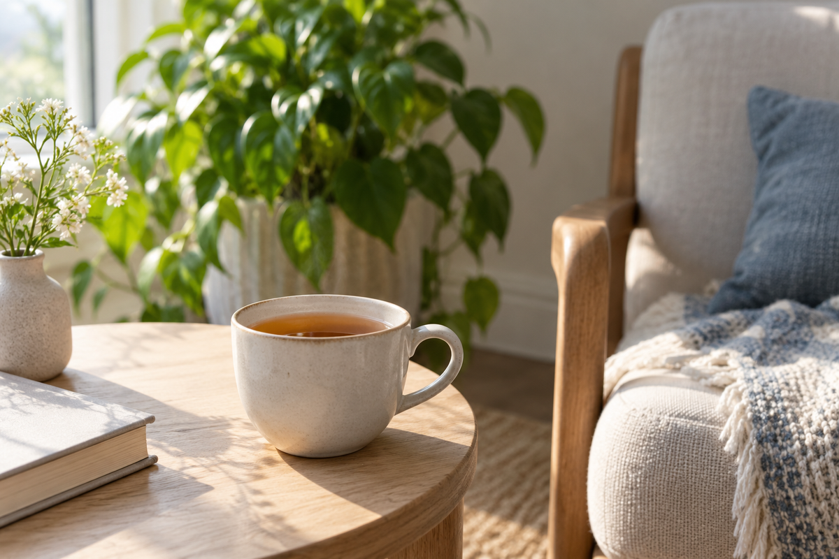 Teetasse und Buch auf einem Holztisch neben einem Sessel in einem hellen Wohnraum