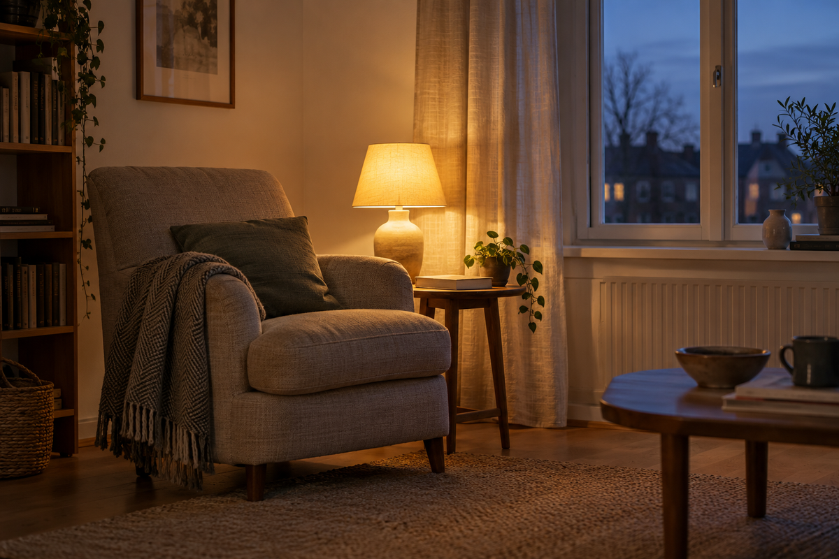 Ruhiger Wohnraum mit Sessel, gedämpftem Lampenlicht und Fenster in der Abenddämmerung