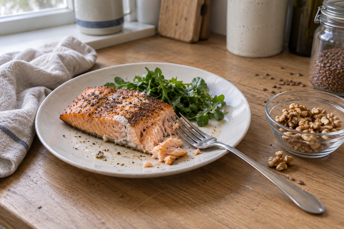 Gegarter Lachs auf einem weißen Teller neben Walnüssen und einem Glas mit Leinsamen auf einer hölzernen Küchenarbeitsplatte