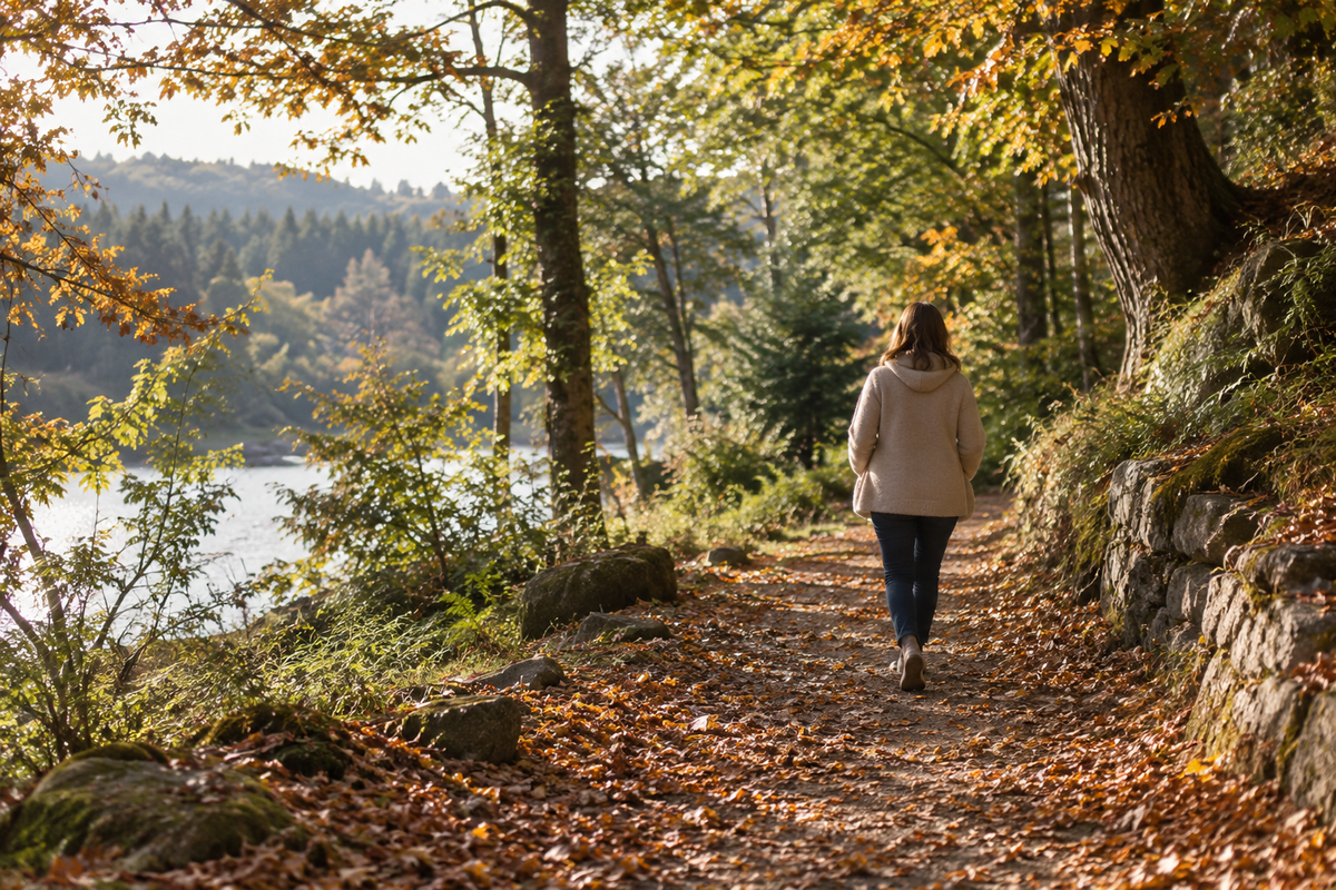 Eine Person geht auf einem herbstlichen Waldweg am Wasser im ruhigen Tageslicht