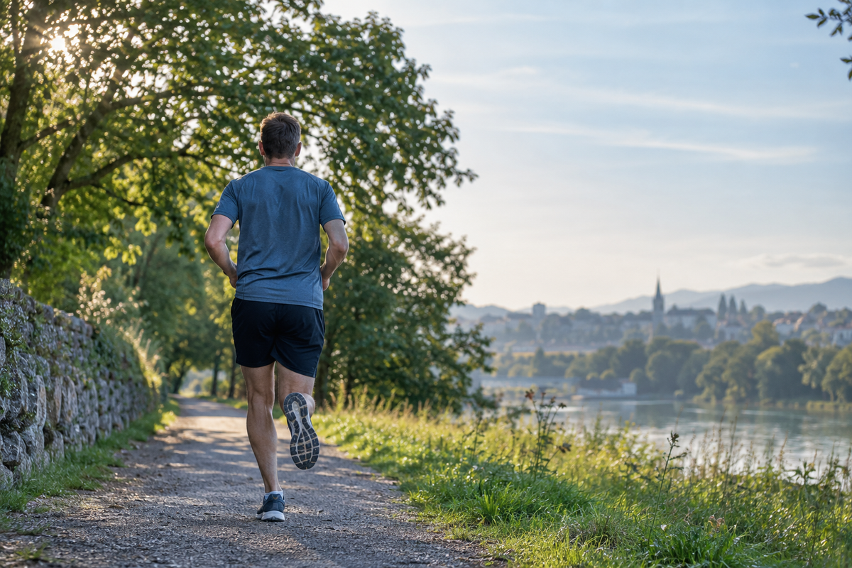Läufer auf einem Uferweg zwischen Bäumen im warmen Tageslicht