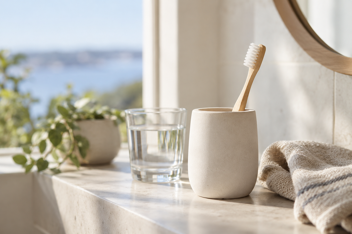 Zahnbürste im Keramikbecher, Wasserglas und Handtuch auf einem hellen Waschtisch am Fenster