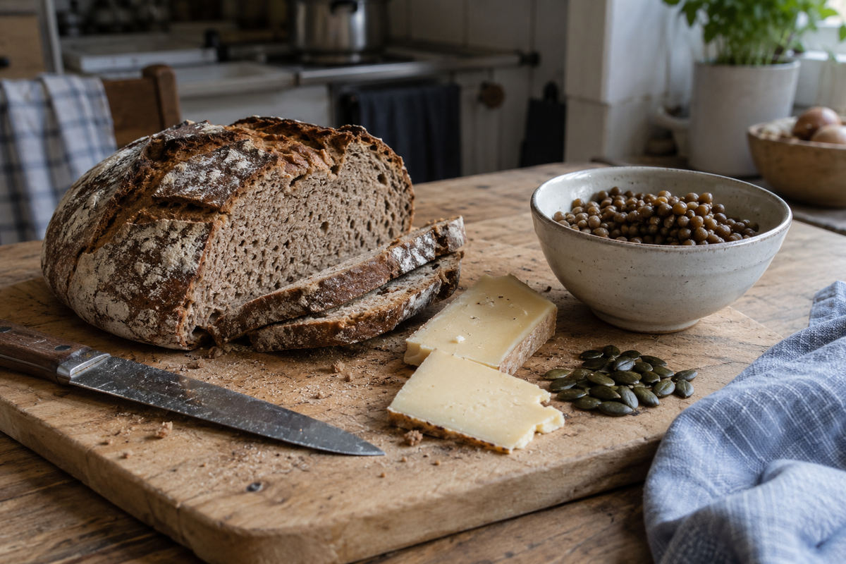 Vollkorn-Sauerteigbrot, Käse, gekochte Linsen und Kürbiskerne auf einem Holzbrett in einer Küche