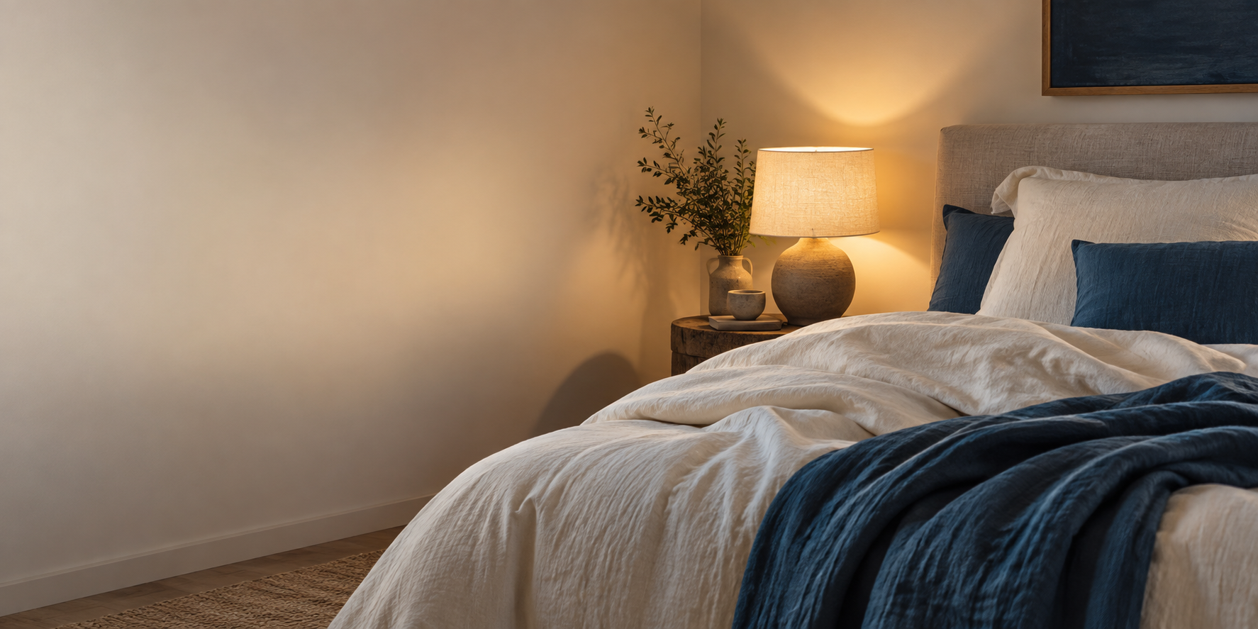 Ruhiges Schlafzimmer im warmen Licht einer Nachttischlampe